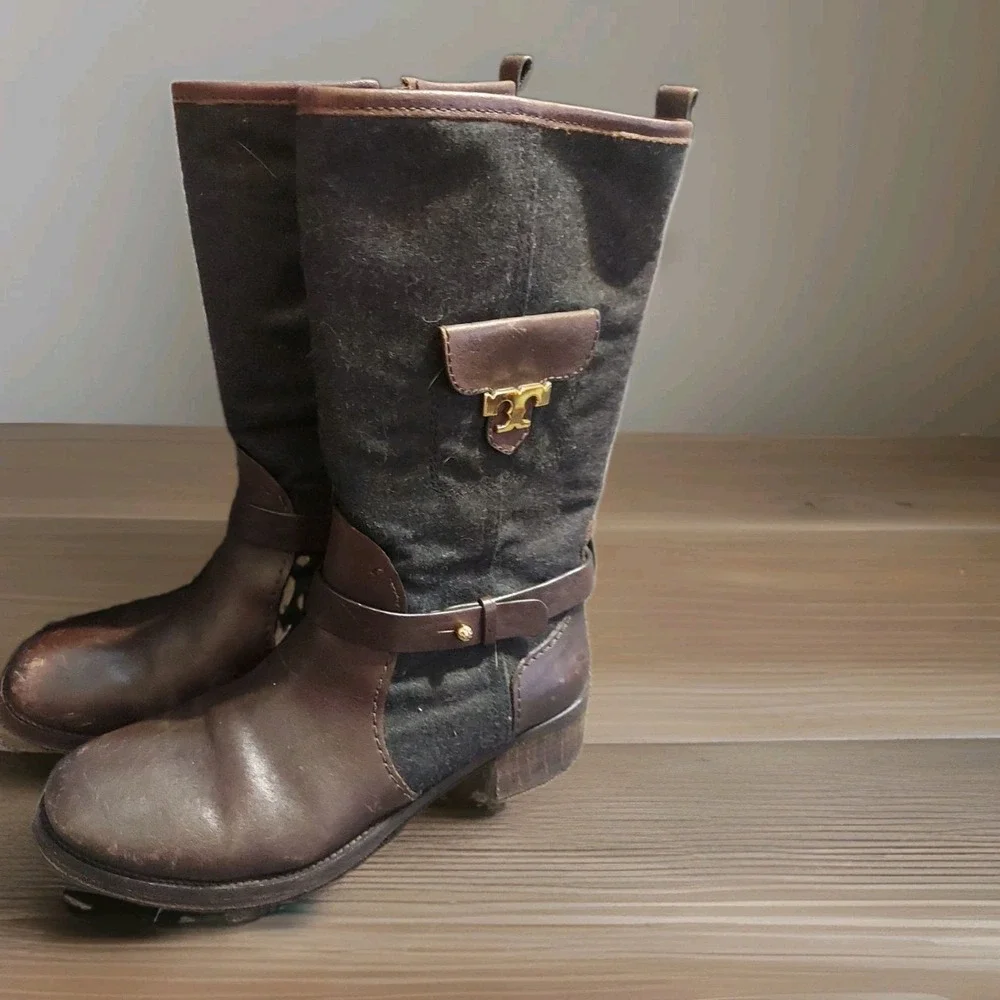 Tory Burch Womens 9M Riding Brown/Black Leather Pull On Mid-Calf Casual Boot